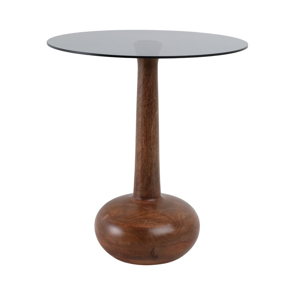 Accent Table | 18" Smoke Gray Glass Top | Carved Teardrop Brown Wood Base