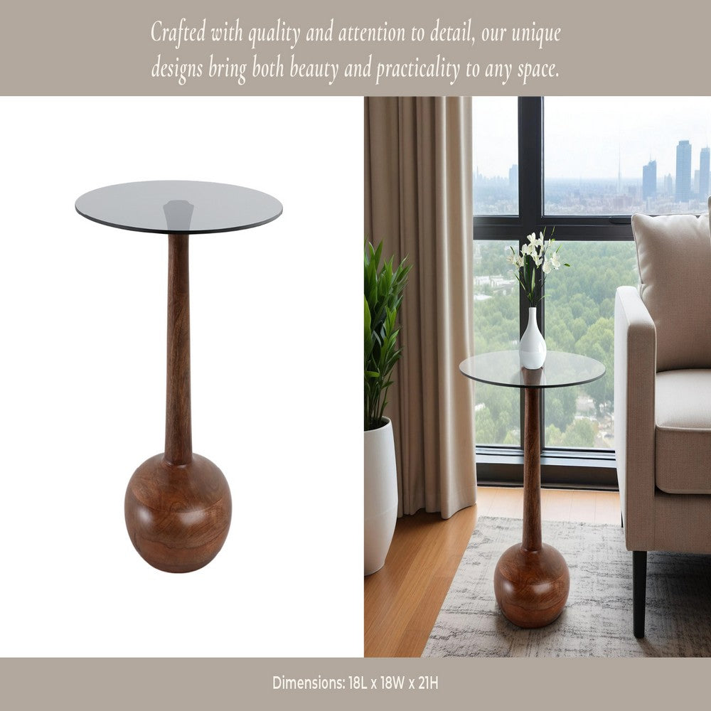 Accent Table | 18" Smoke Gray Glass Top | Carved Teardrop Brown Wood Base