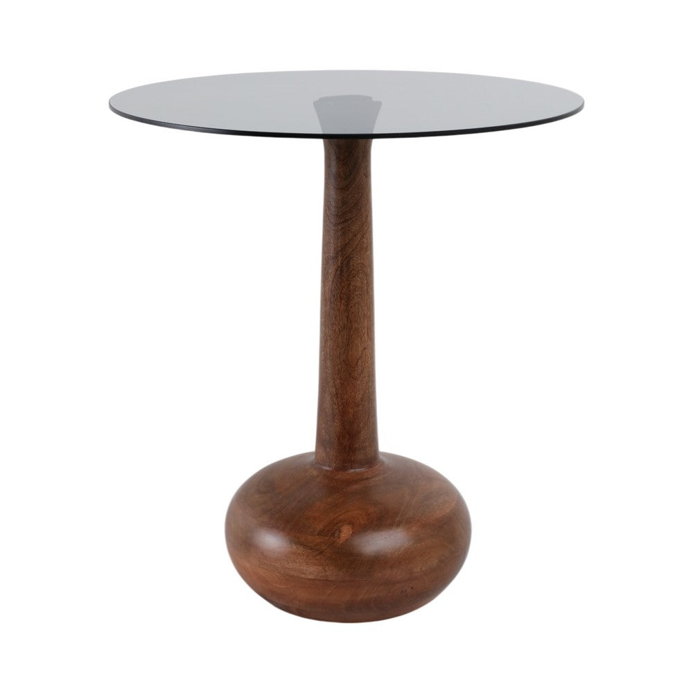 Accent Table | 18" Smoke Gray Glass Top | Carved Teardrop Brown Wood Base