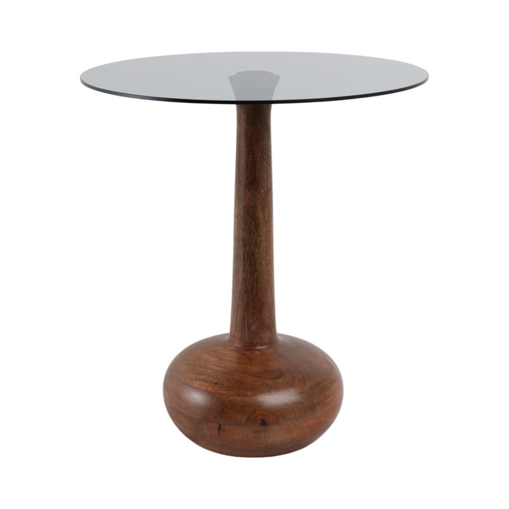 Accent Table | 18" Smoke Gray Glass Top | Carved Teardrop Brown Wood Base