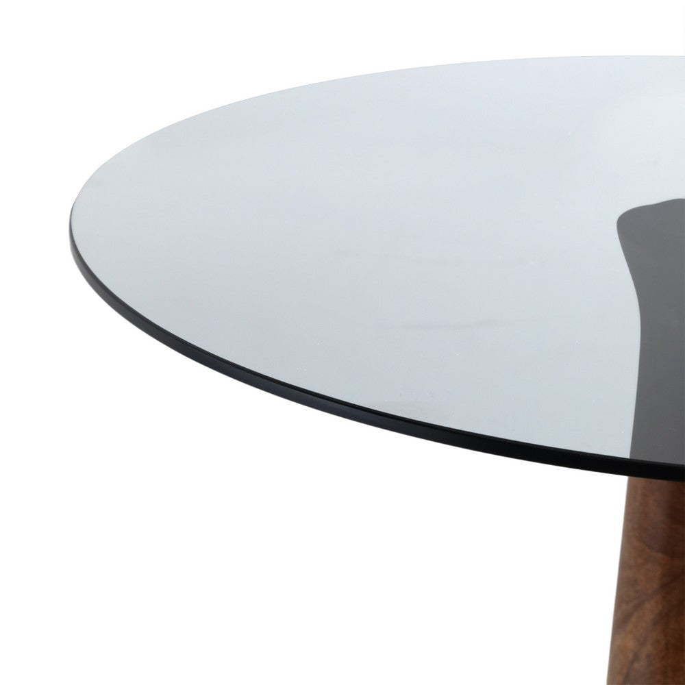 Accent Table | 18" Smoke Gray Glass Top | Carved Teardrop Brown Wood Base