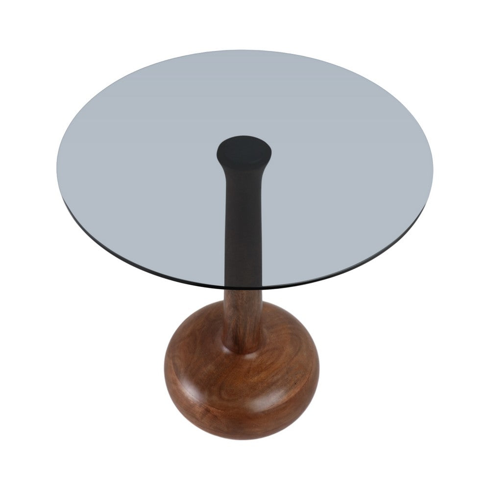 Accent Table | 18" Smoke Gray Glass Top | Carved Teardrop Brown Wood Base