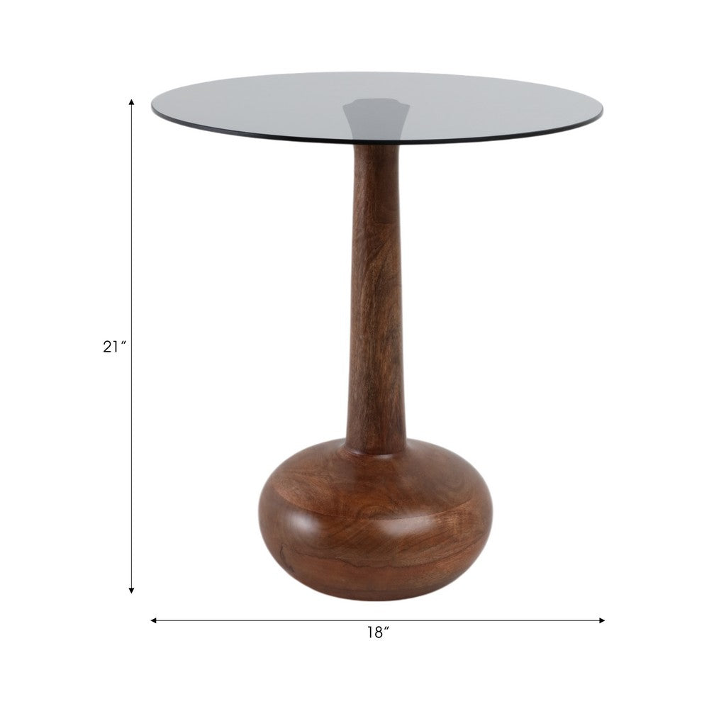Accent Table | 18" Smoke Gray Glass Top | Carved Teardrop Brown Wood Base