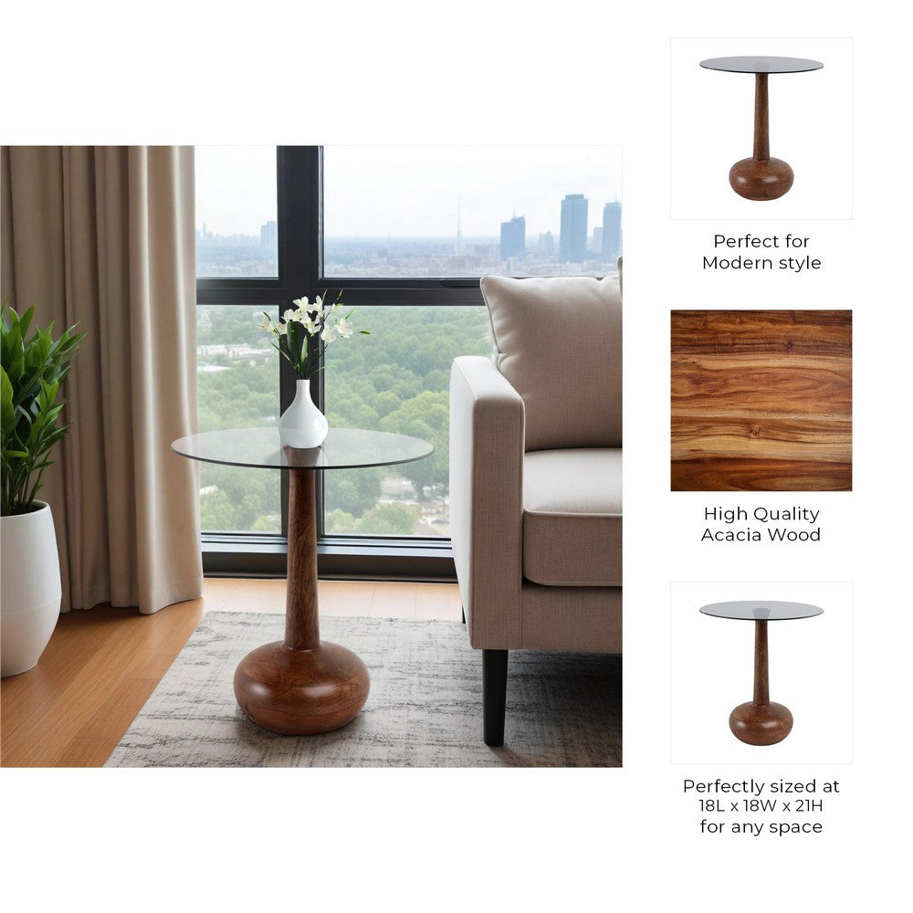 Accent Table | 18" Smoke Gray Glass Top | Carved Teardrop Brown Wood Base