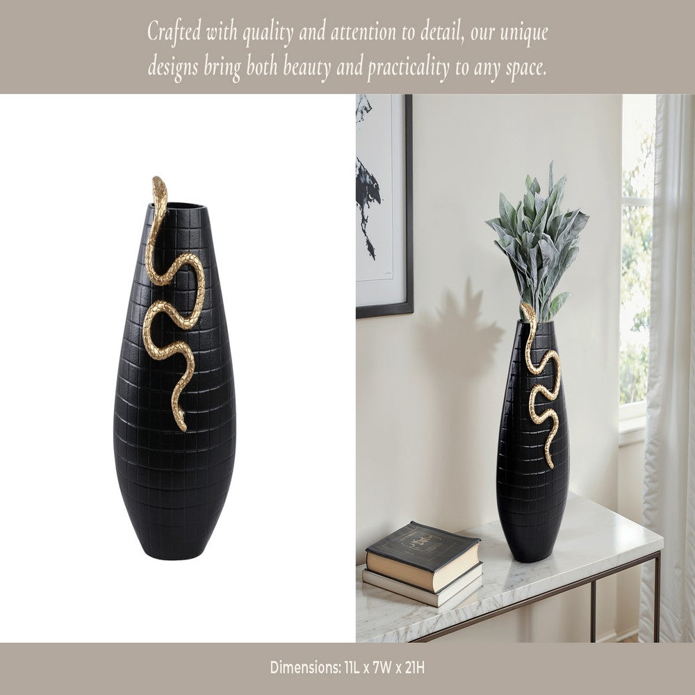Knoxy Decorative Vase | Curved Gold Snake Accent | 21" Black Stoneware