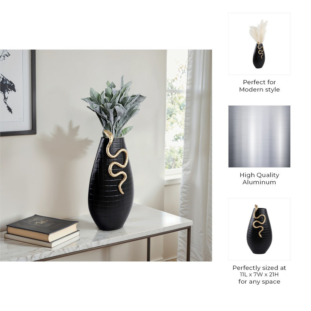 Knoxy Decorative Vase | Curved Gold Snake Accent | 21" Black Stoneware