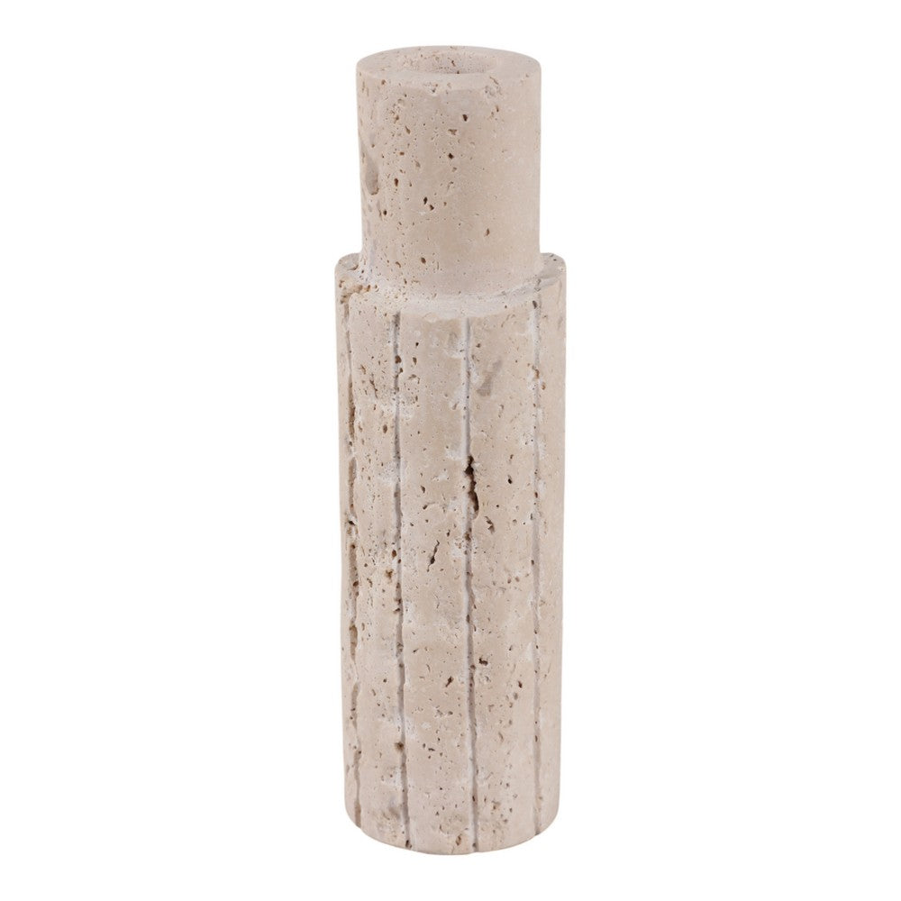 Raw Edge Candle Holder | Fluted Travertine Stone | Tan & Ivory 7"
