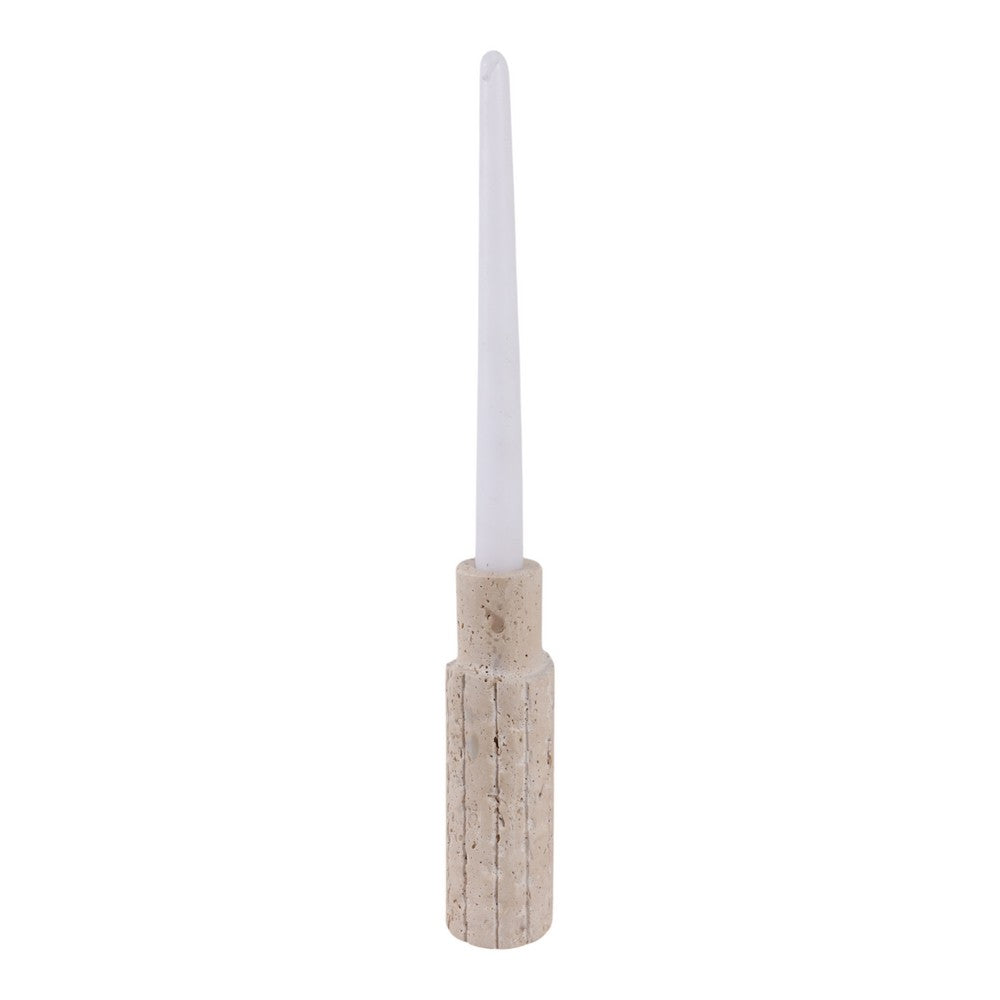 Raw Edge Candle Holder | Fluted Travertine Stone | Tan & Ivory 7"