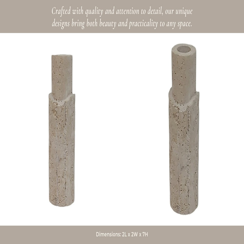 Raw Edge Candle Holder | Fluted Travertine Stone | Tan & Ivory 7"