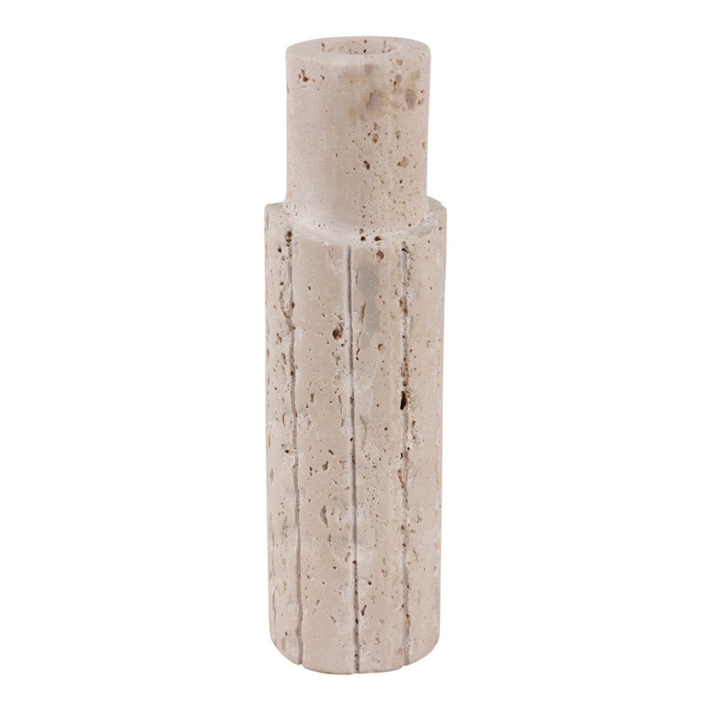 Raw Edge Candle Holder | Fluted Travertine Stone | Tan & Ivory 7"