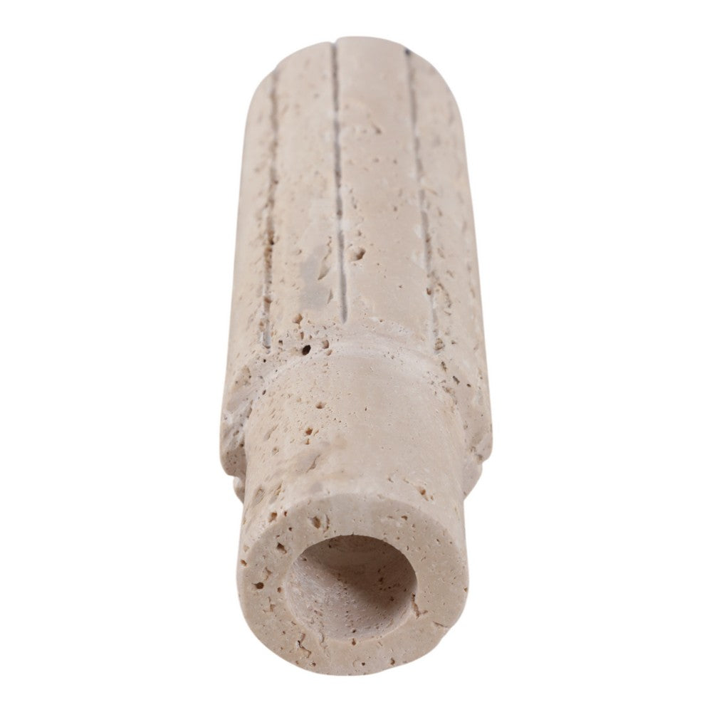 Raw Edge Candle Holder | Fluted Travertine Stone | Tan & Ivory 7"