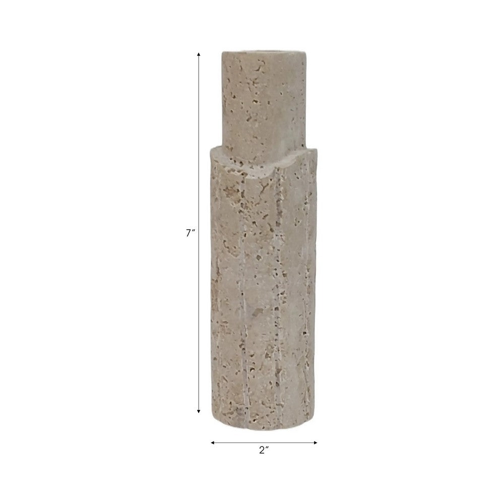 Raw Edge Candle Holder | Fluted Travertine Stone | Tan & Ivory 7"