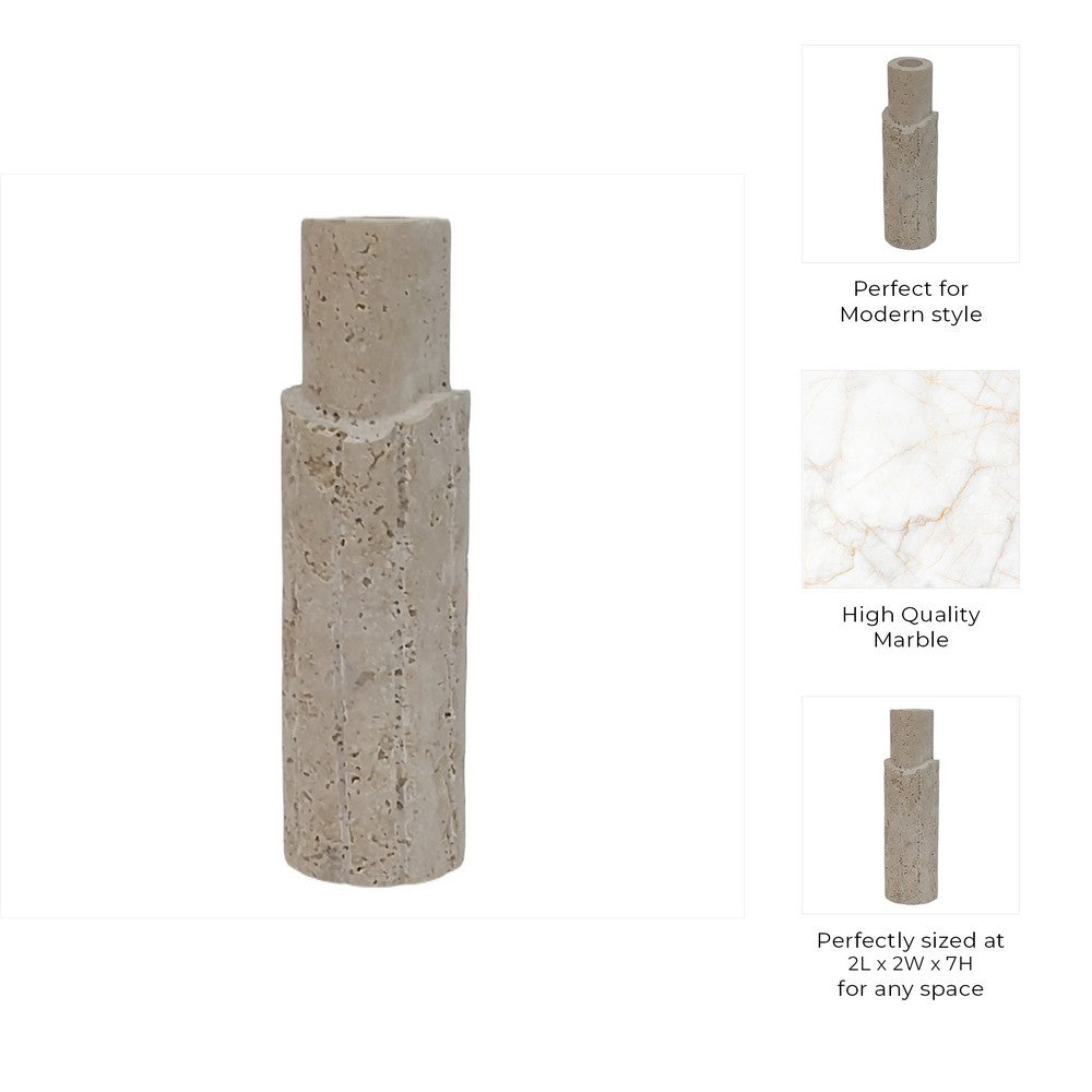Raw Edge Candle Holder | Fluted Travertine Stone | Tan & Ivory 7"
