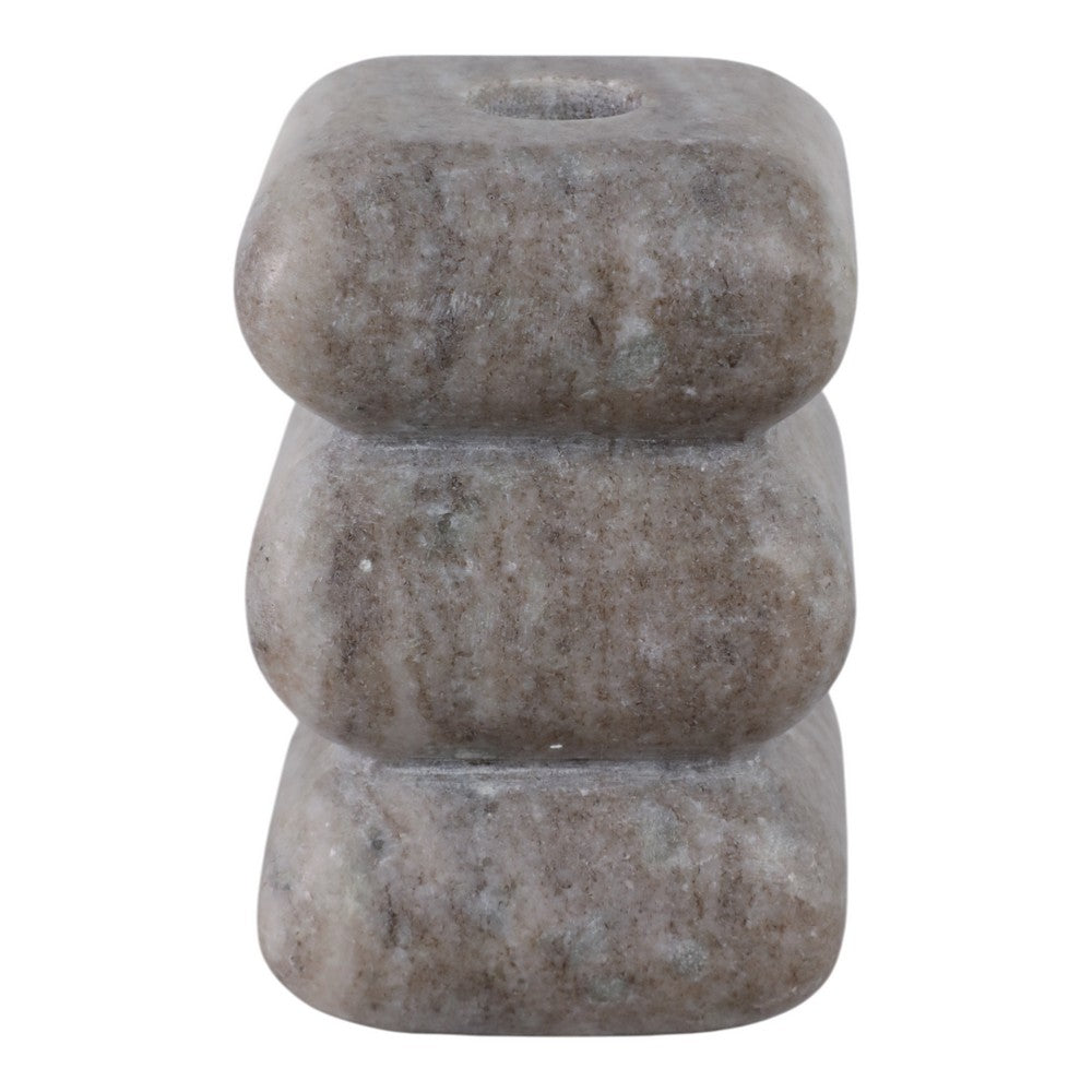 Sculpted Candle Holder | 3 Stacked Curved Blocks | Beige Marble | 5"