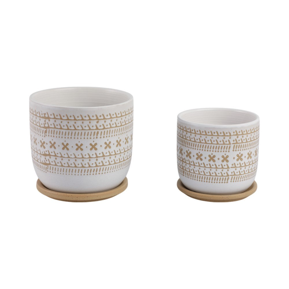 Garden Planters with Saucers Set of 2 | Brown White Ceramic | 6,8"