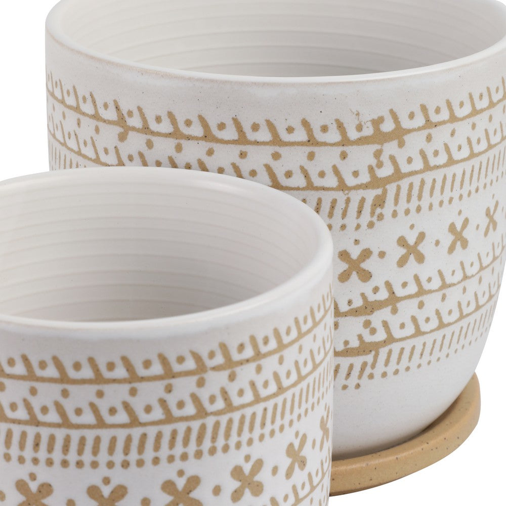 Garden Planters with Saucers Set of 2 | Brown White Ceramic | 6,8"