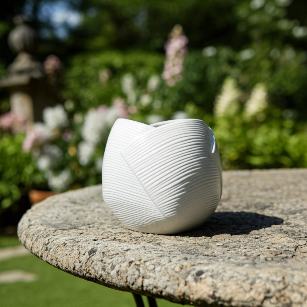 Indoor Outdoor Abstract Flower 8" Planter | White Ribbed Stoneware