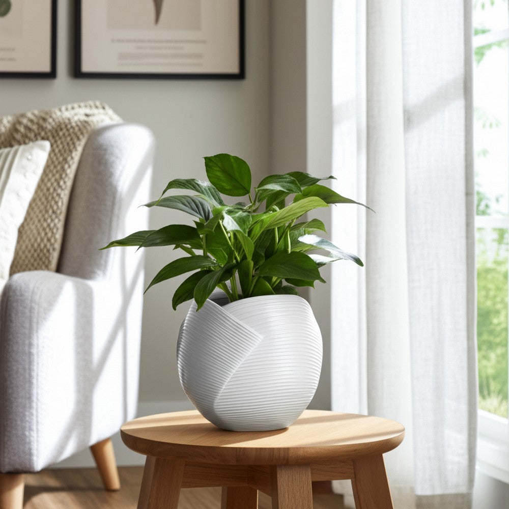 Indoor Outdoor Abstract Flower 8" Planter | White Ribbed Stoneware