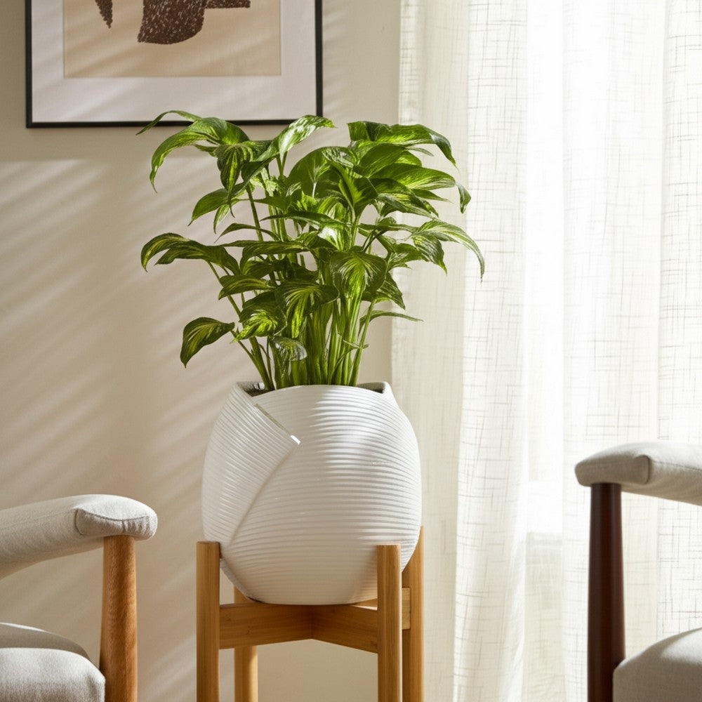 Indoor Outdoor Abstract Flower 8" Planter | White Ribbed Stoneware