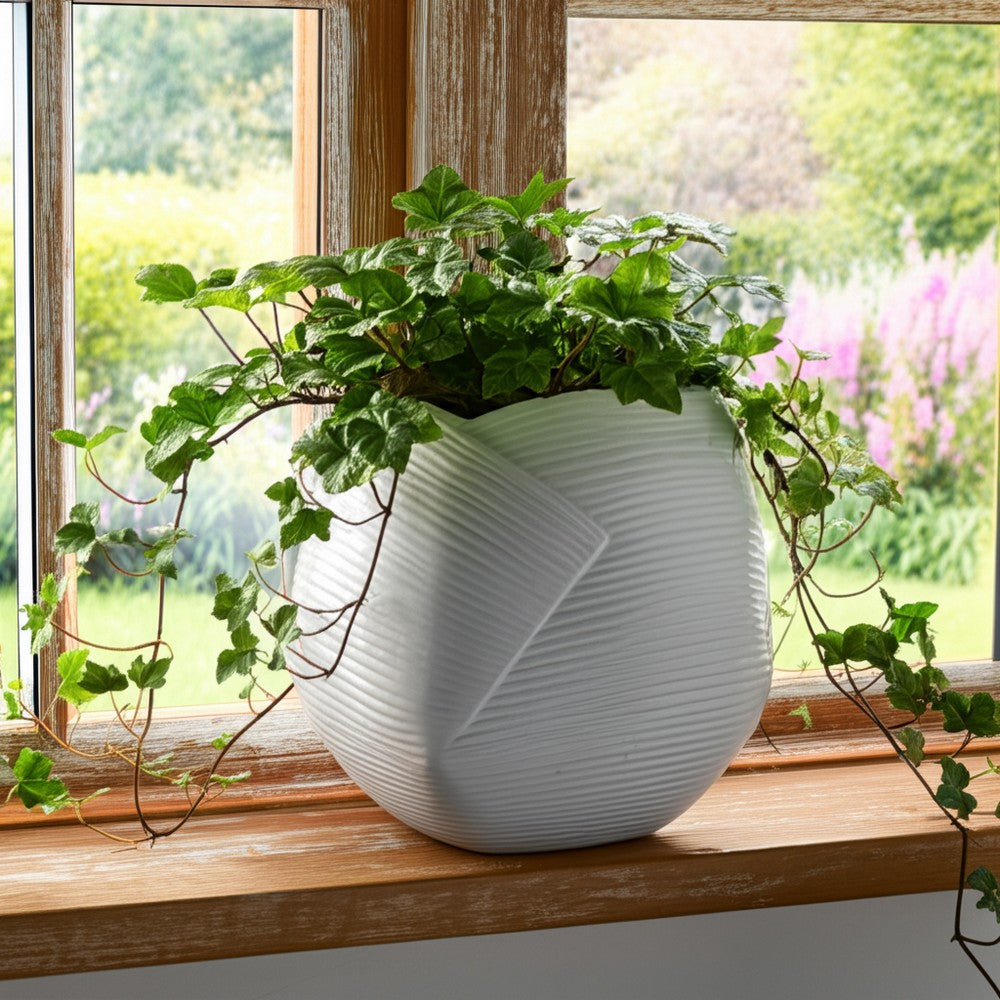 Indoor Outdoor Abstract Flower 8" Planter | White Ribbed Stoneware
