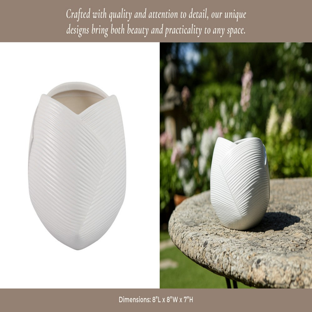 Indoor Outdoor Abstract Flower 8" Planter | White Ribbed Stoneware