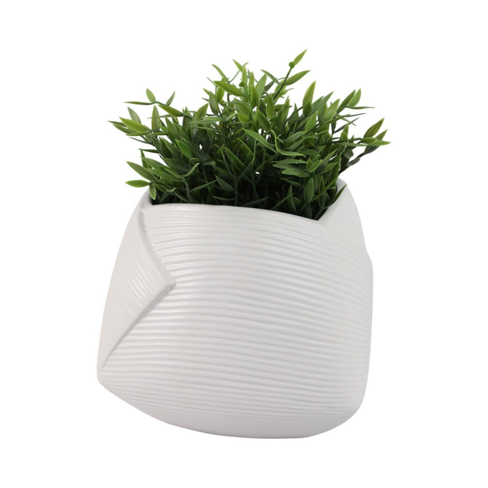 Indoor Outdoor Abstract Flower 8" Planter | White Ribbed Stoneware
