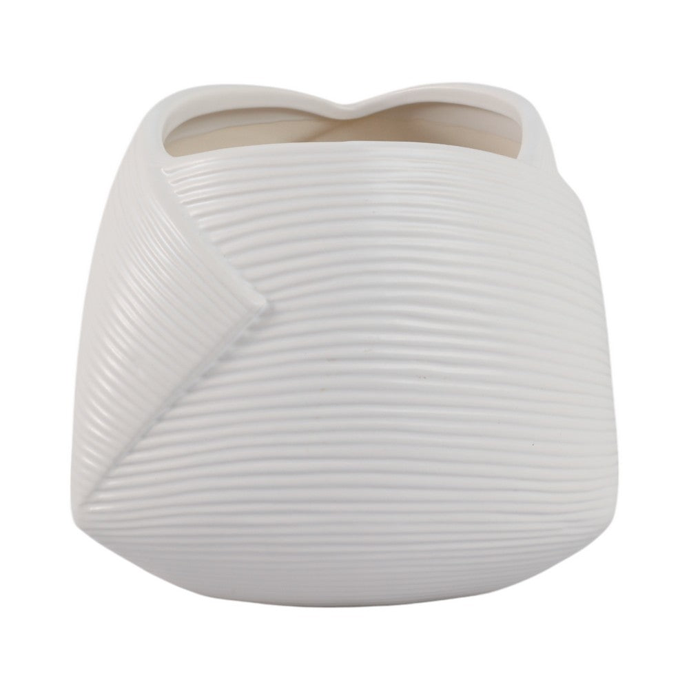 Indoor Outdoor Abstract Flower 8" Planter | White Ribbed Stoneware