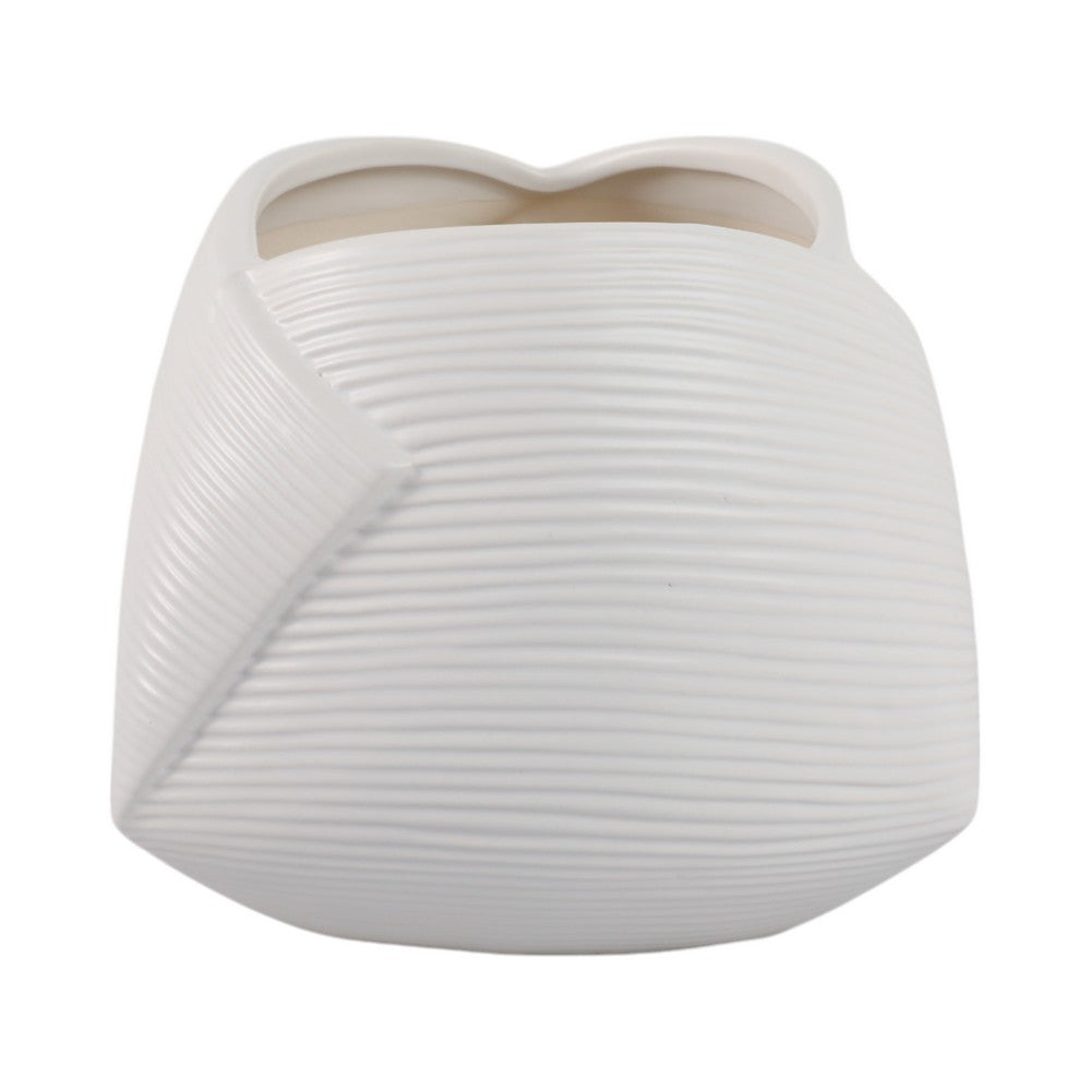 Indoor Outdoor Abstract Flower 8" Planter | White Ribbed Stoneware