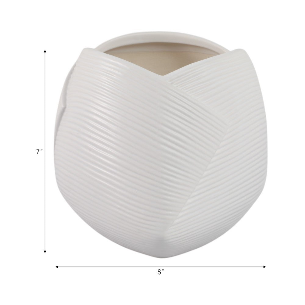 Indoor Outdoor Abstract Flower 8" Planter | White Ribbed Stoneware