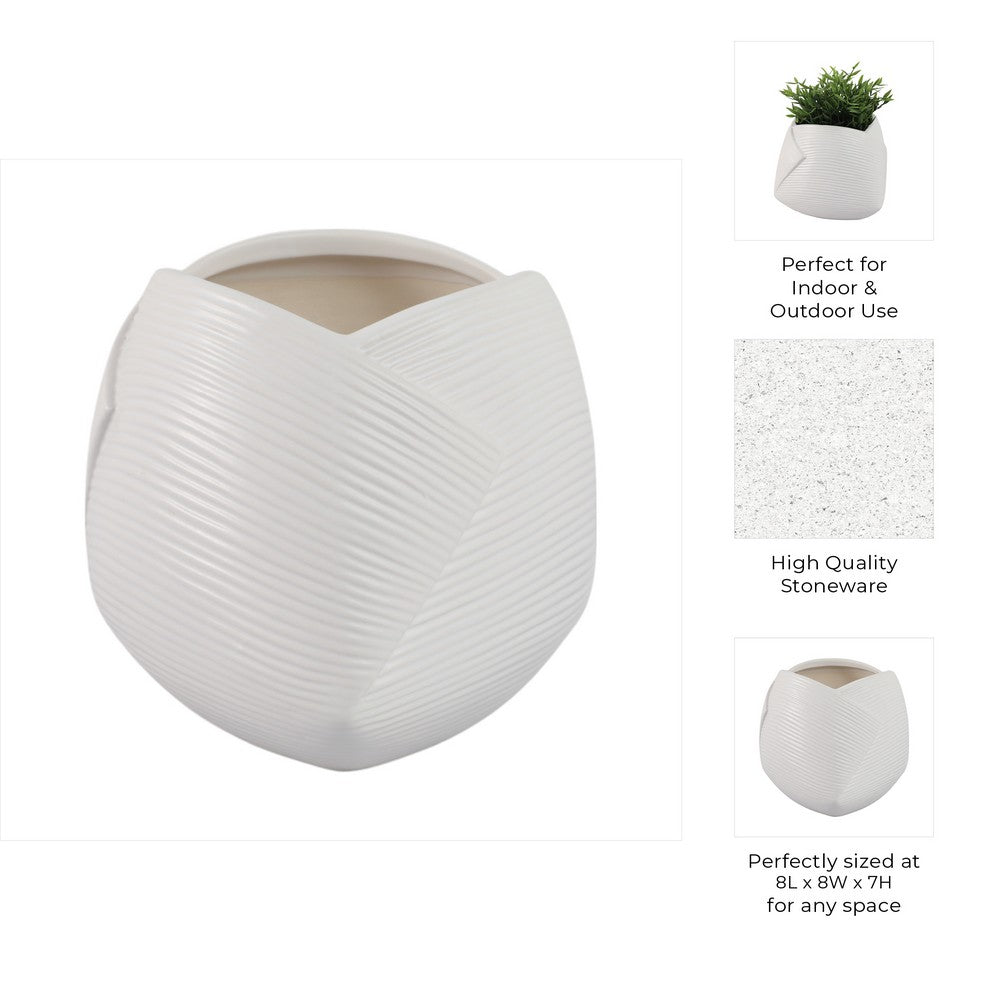 Indoor Outdoor Abstract Flower 8" Planter | White Ribbed Stoneware
