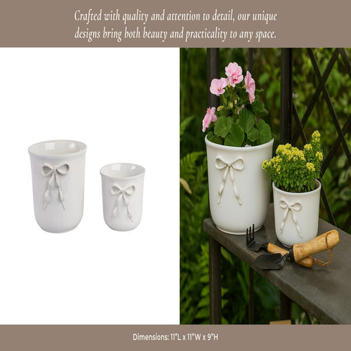 Set of 2 Accent Planter Pots | White Ceramic w Embossed Bow Detail