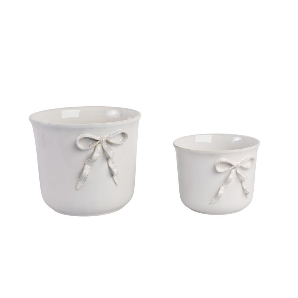 Set of 2 Accent Planter Pots | White Ceramic w Embossed Bow Detail