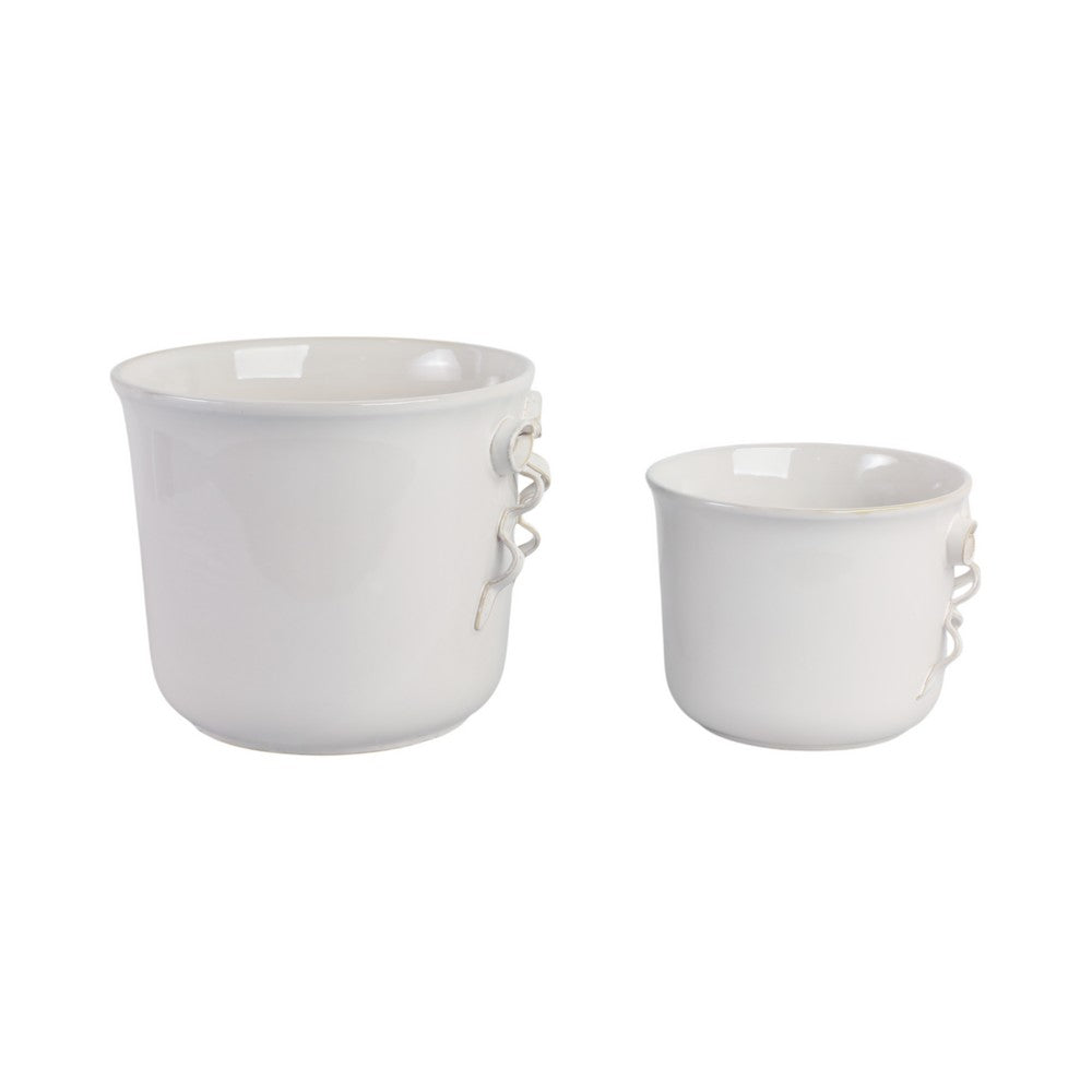 Set of 2 Accent Planter Pots | White Ceramic w Embossed Bow Detail