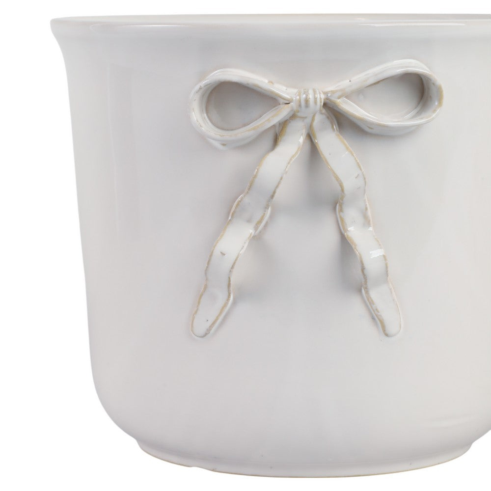 Set of 2 Accent Planter Pots | White Ceramic w Embossed Bow Detail