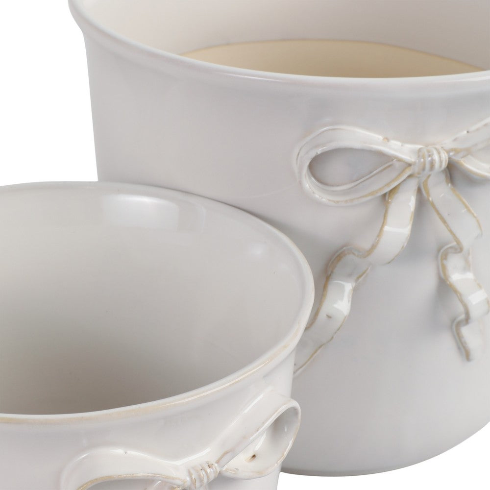 Set of 2 Accent Planter Pots | White Ceramic w Embossed Bow Detail