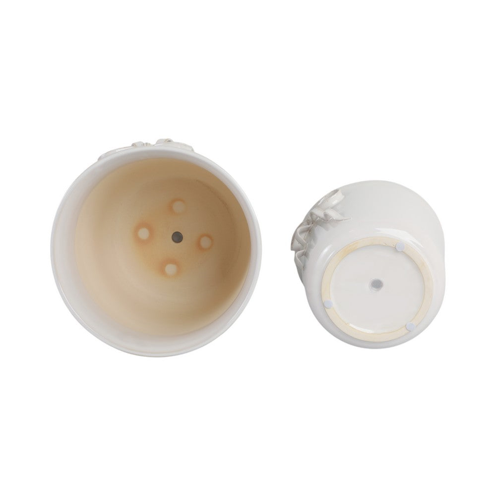 Set of 2 Accent Planter Pots | White Ceramic w Embossed Bow Detail