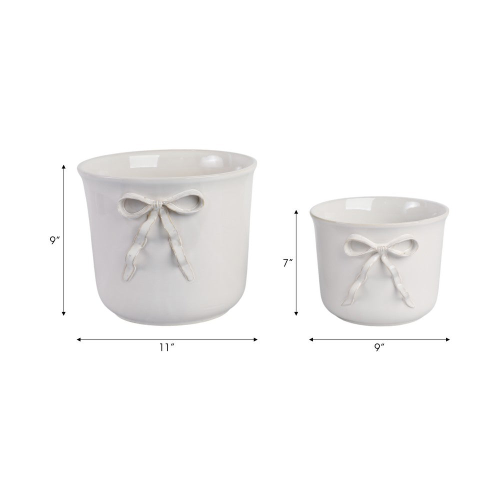 Set of 2 Accent Planter Pots | White Ceramic w Embossed Bow Detail