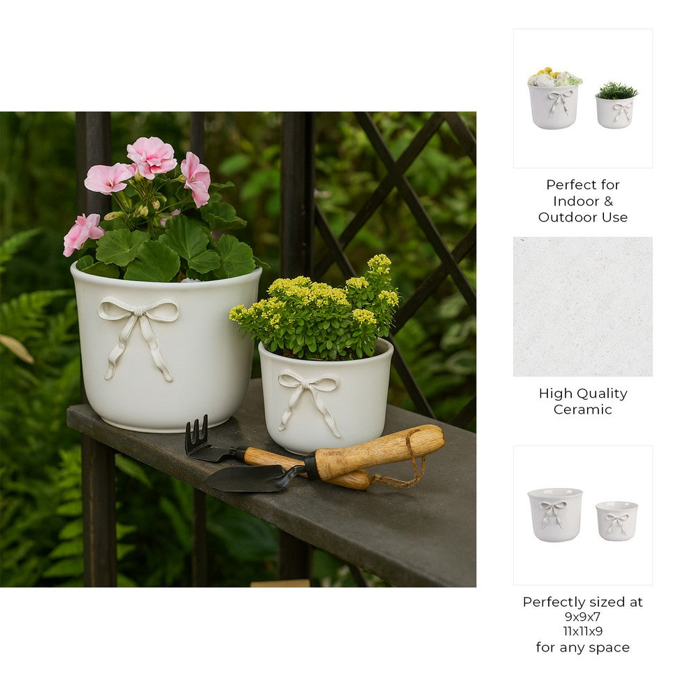 Set of 2 Accent Planter Pots | White Ceramic w Embossed Bow Detail