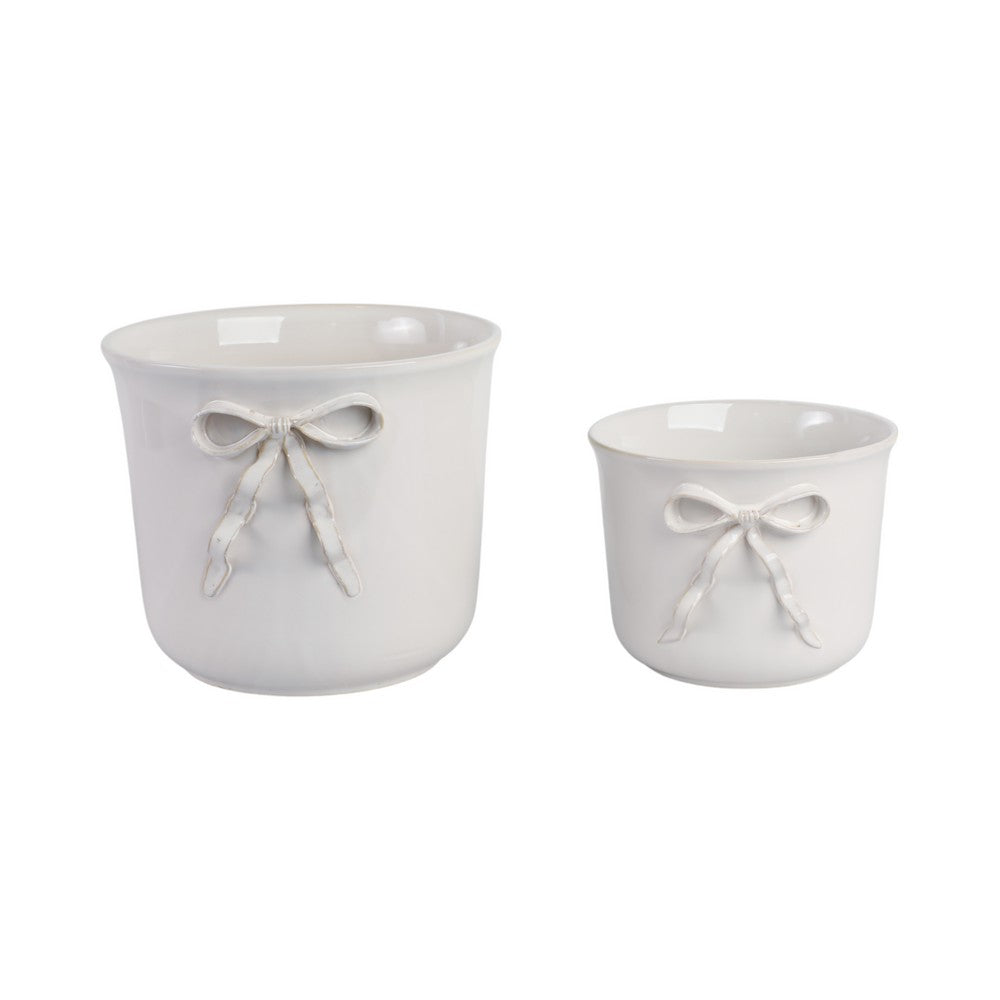 Set of 2 Accent Planter Pots | White Ceramic w Embossed Bow Detail