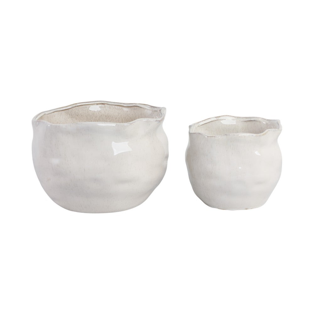 Planter Pots Set of 2 | Round Wavy Edge | Gloss White Stoneware| 9,12"