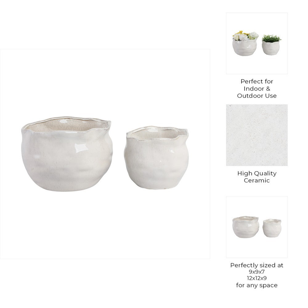 Planter Pots Set of 2 | Round Wavy Edge | Gloss White Stoneware| 9,12"