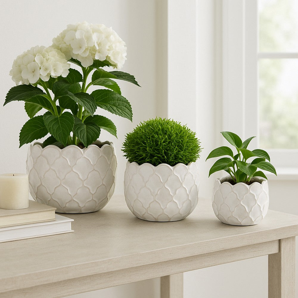 Modern Garden Flower Planter Set of 3 | White Cloudy Petal Ceramic
