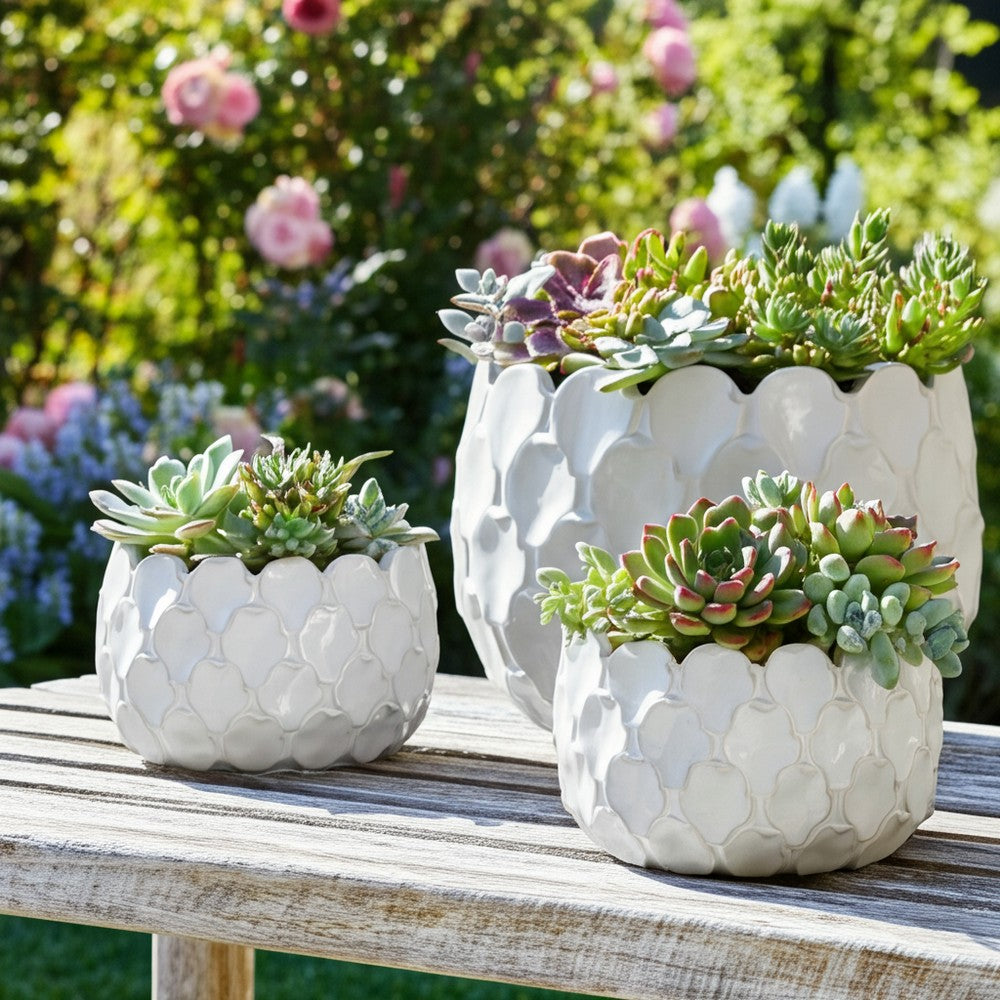 Modern Garden Flower Planter Set of 3 | White Cloudy Petal Ceramic