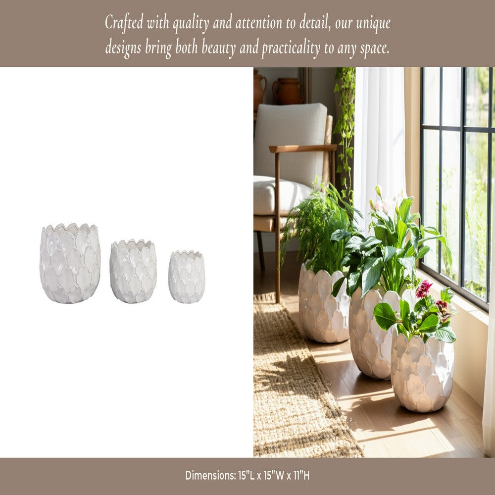 Modern Garden Flower Planter Set of 3 | White Cloudy Petal Ceramic