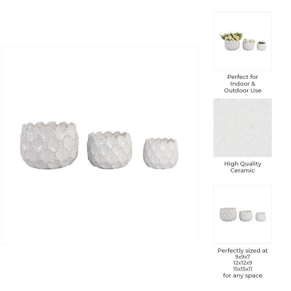 Modern Garden Flower Planter Set of 3 | White Cloudy Petal Ceramic