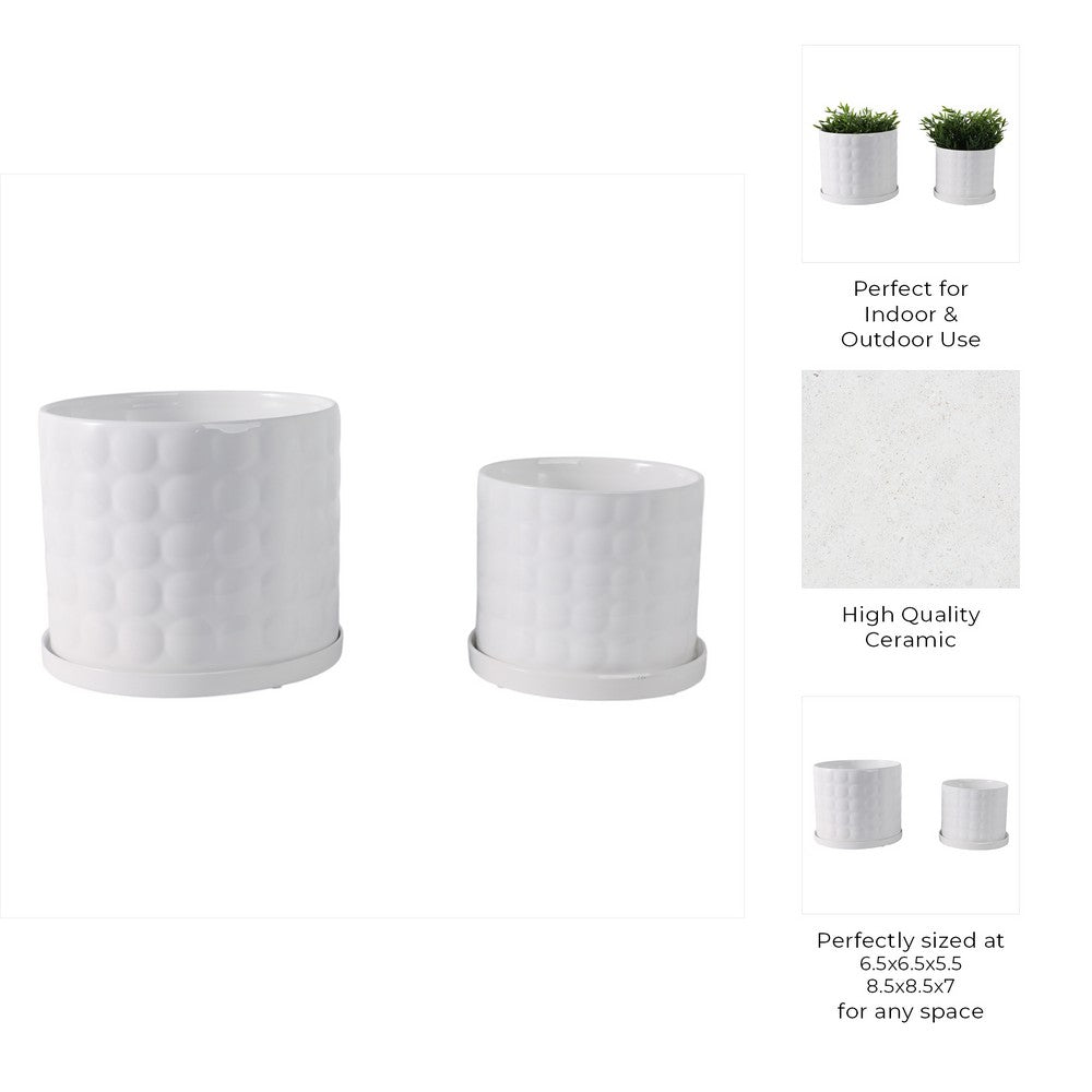 Tuan Planters with Saucers | Set of 2 | White Bubble Texture Ceramic |6,8"