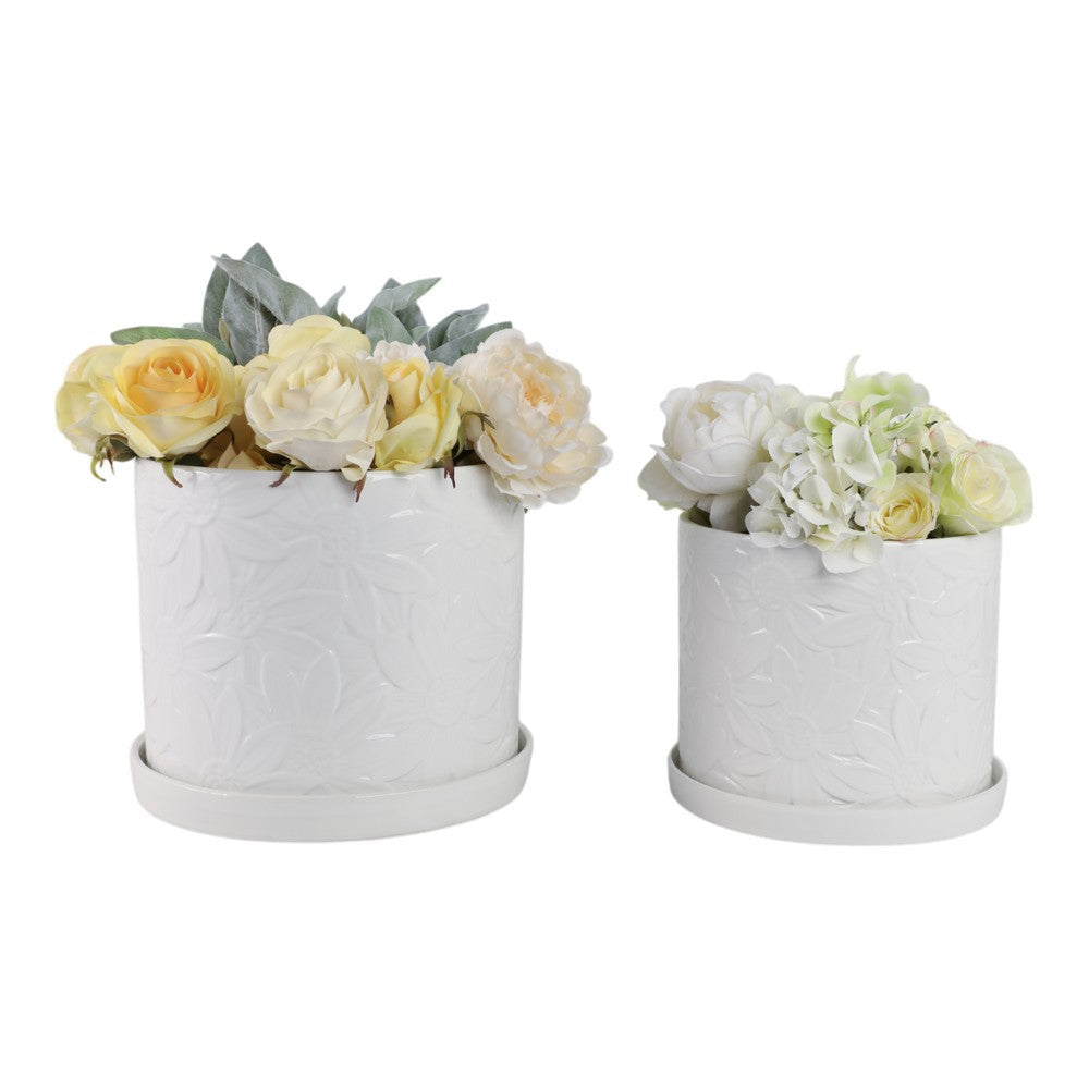 Planter Set of 2 w Saucers | Embossed Daisy Flowers | White Ceramic SBH-21829-03