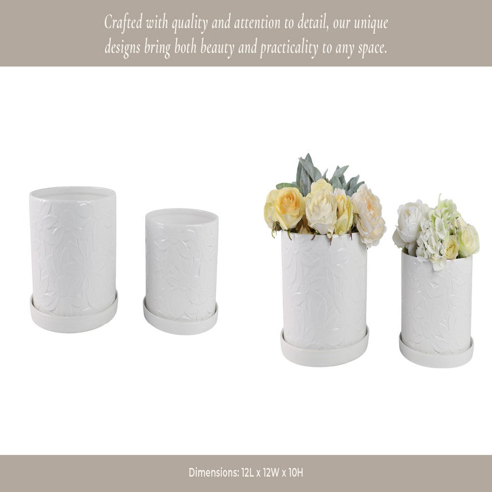 Planter Set of 2 w Saucers | Embossed Daisy Flowers | White Ceramic SBH-21829-03