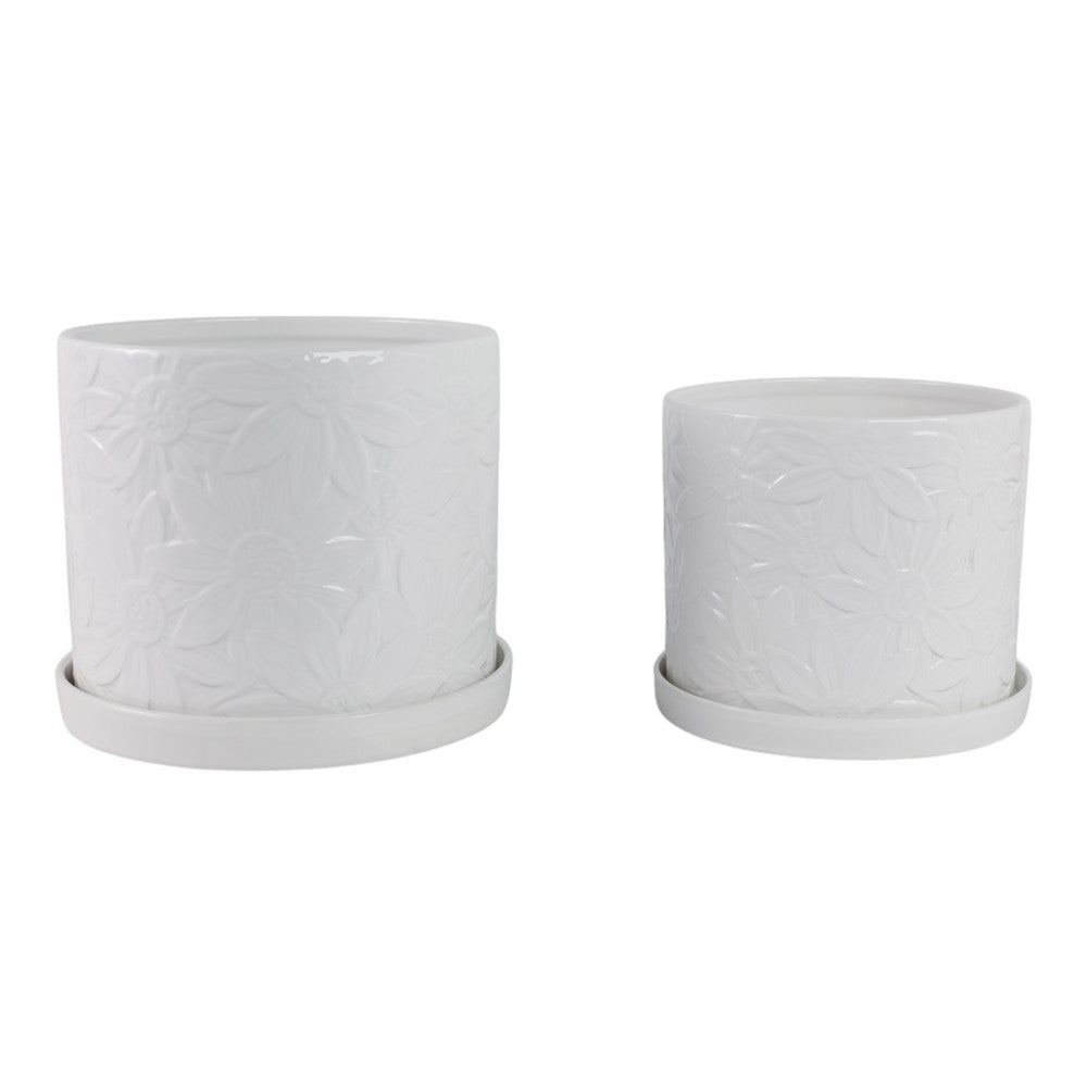 Planter Set of 2 w Saucers | Embossed Daisy Flowers | White Ceramic SBH-21829-03