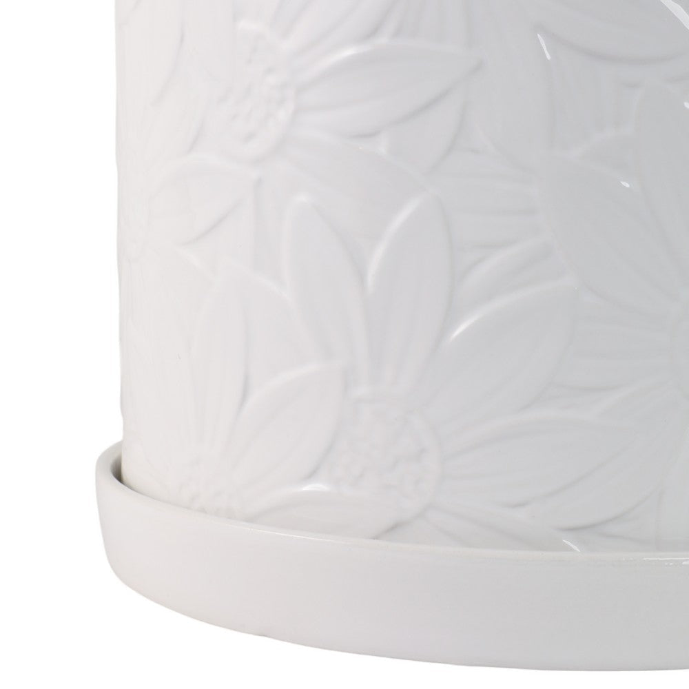 Planter Set of 2 w Saucers | Embossed Daisy Flowers | White Ceramic SBH-21829-03